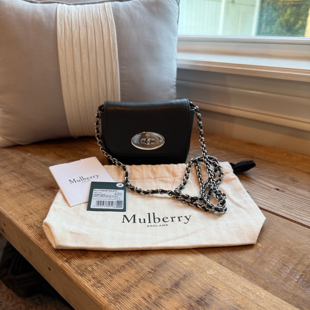 Mulberry Mini Lily Glossy Goatskin Black with Silver LIKE NEW